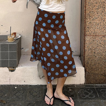 MQTIME  -  2025 Women Color Contrasting Dot Print Irregular Skirt Vacation Style Slimming Wrapped Hip Mesh Half Skirt All-match Outfit